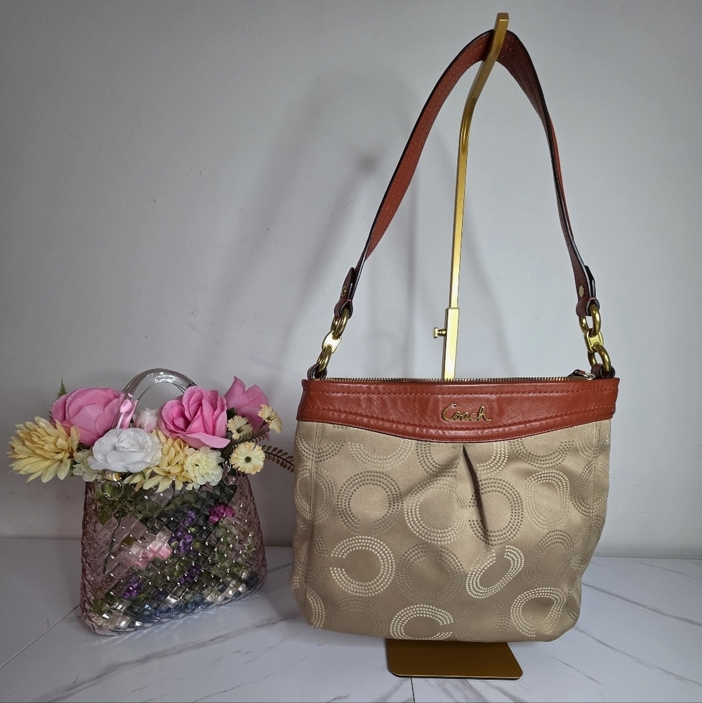 Coach Tan Signature Canvas Shoulder Summer Bag with Brown Leather Trim